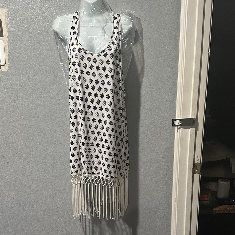 Reborn J White and Blue Patterned Mini Dress with Fringe